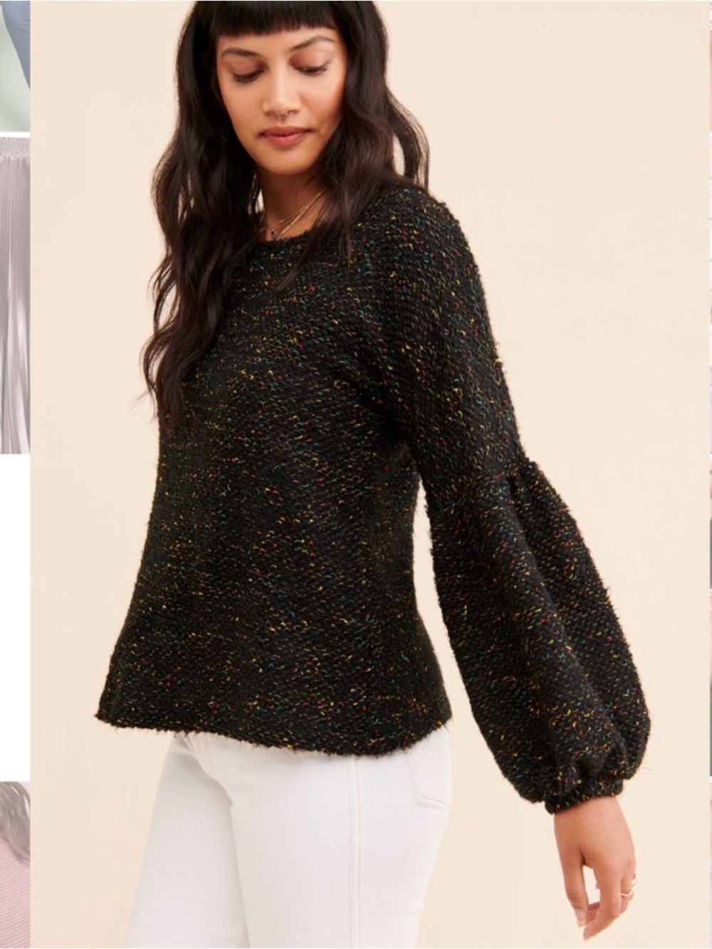 Blue Tassel- speckled puff sleeve Sweater- NWOT- S